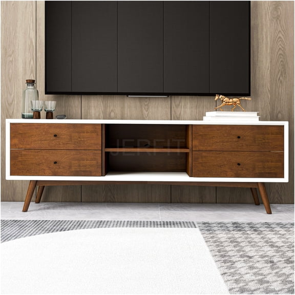 JERFIT Mid-Century Modern TV Stand for TVs Up to 72", Solid Wood Media Console with Storage Cabinet, Retro Walnut & White Entertainment Center for Living Room