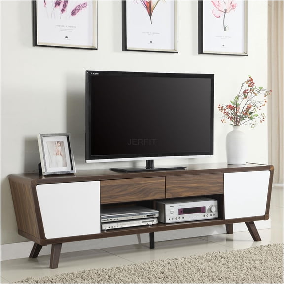 JERFIT Mid-Century Modern TV Stand for TVs up to 70", 74" Walnut & White Media Console with 2 Doors & 2 Drawers, Entertainment Center Storage Cabinet