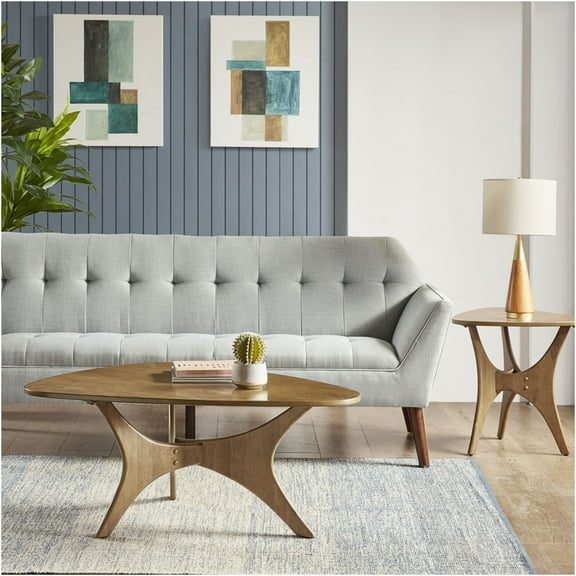 JERFIT Mid-Century Modern Triangle Coffee Table, Light Brown Elm Finish Wood Veneer Top, Unique Cross Base Accent Table for Living Room