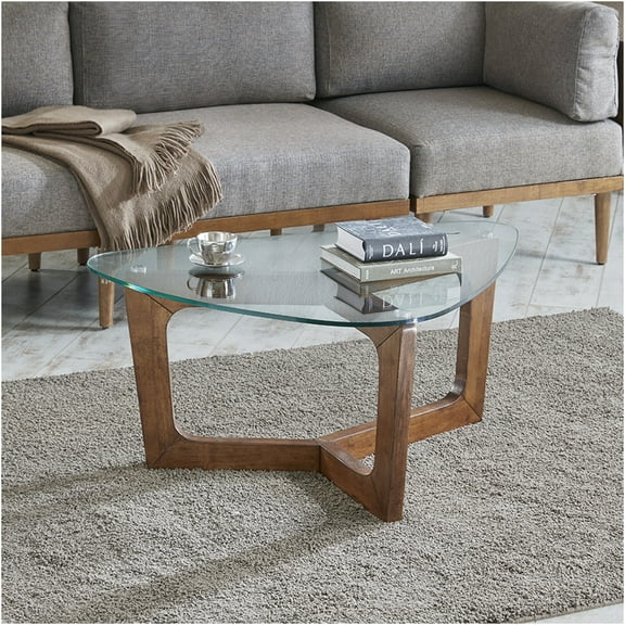 JERFIT Mid-Century Modern Triangle Coffee Table with Tempered Glass Top, Solid Wood Base, Pecan Finish, for Living Room