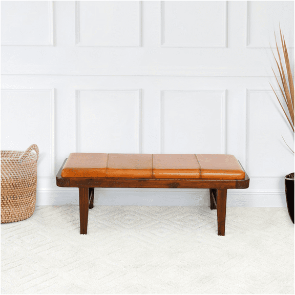 JERFIT Mid-Century Modern Tufted Leather Storage Bench, Rustic Brown Genuine Leather Upholstery with Solid Wood Frame for Bedroom & Living Room