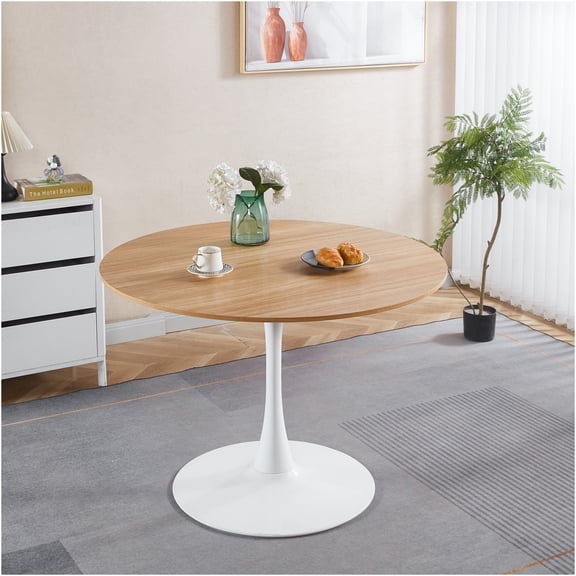 JERFIT Mid-Century Modern Tulip Dining Table for 4-6, Round Pedestal Table with Light Oak Top and White Base for Kitchen, Breakfast Nook, Small Space