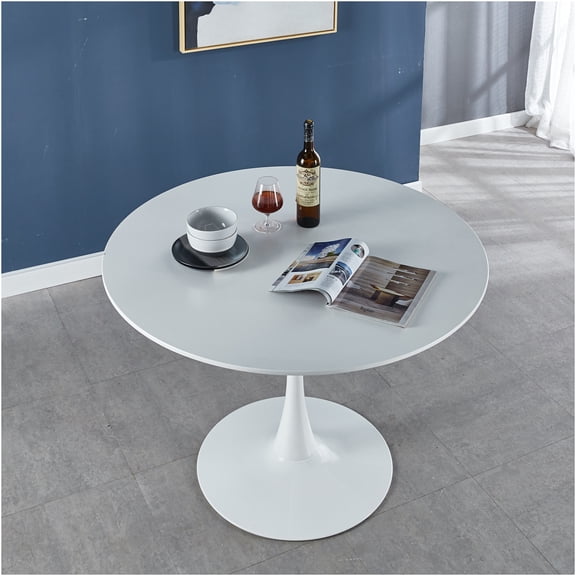 JERFIT Mid-Century Modern Tulip Pedestal Dining Table, Round White Kitchen Table for 4-6, Easy Assembly MDF Top with Sturdy Metal Base, for Dining Room, Breakfast Nook, or Cafe