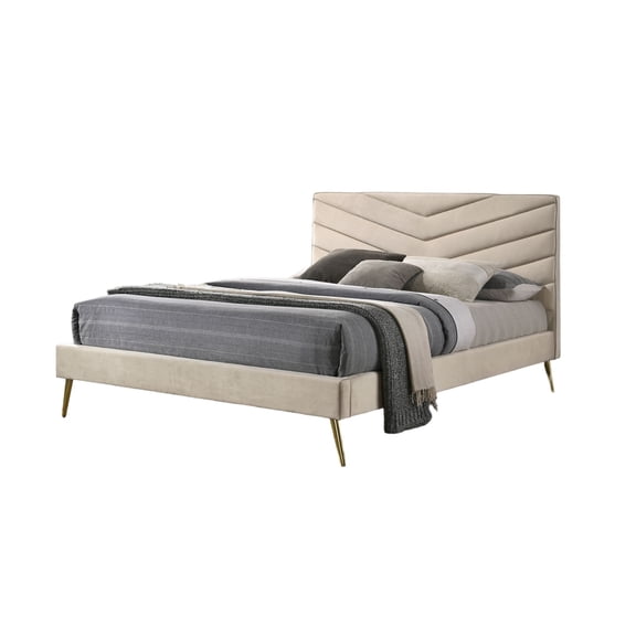 JERFIT Mid-Century Modern Upholstered Full Bed Frame with Chevron Tufted Headboard, Beige Fabric and Gold Legs