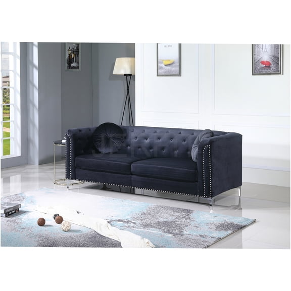JERFIT Mid-Century Modern Velvet Sofa, 2-Seater Button Tufted Couch with Chrome Legs for Living Room, Black