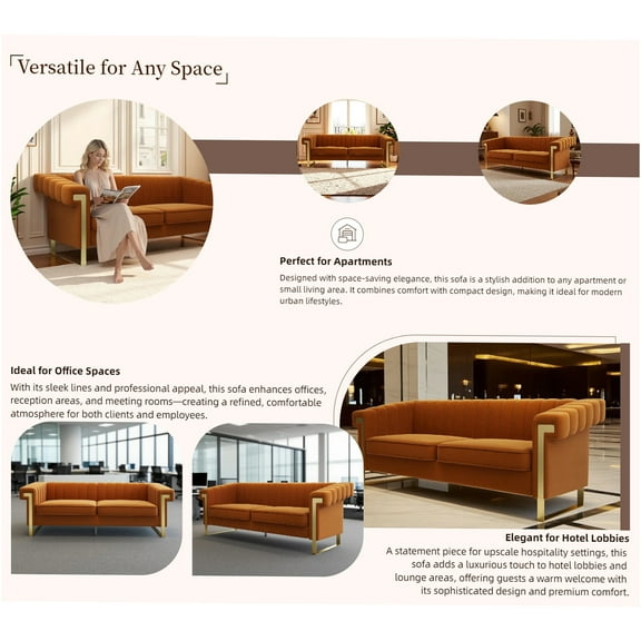 JERFIT Mid-Century Modern Velvet Sofa 3 Seater, Orange Chesterfield Couch with Gold Metal Legs and Channel Tufted Back for Living Room
