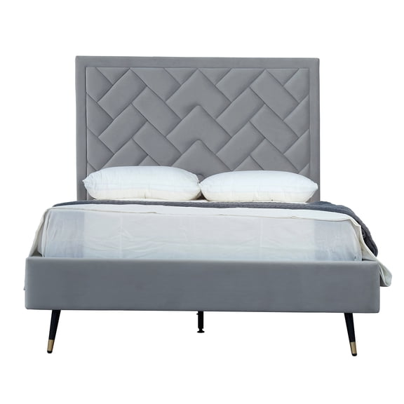 JERFIT Mid-Century Modern Velvet Upholstered Full Bed Frame with Headboard, Gray