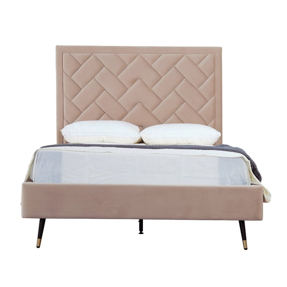 JERFIT Mid-Century Modern Velvet Upholstered Full Bed Frame with Headboard, Natural