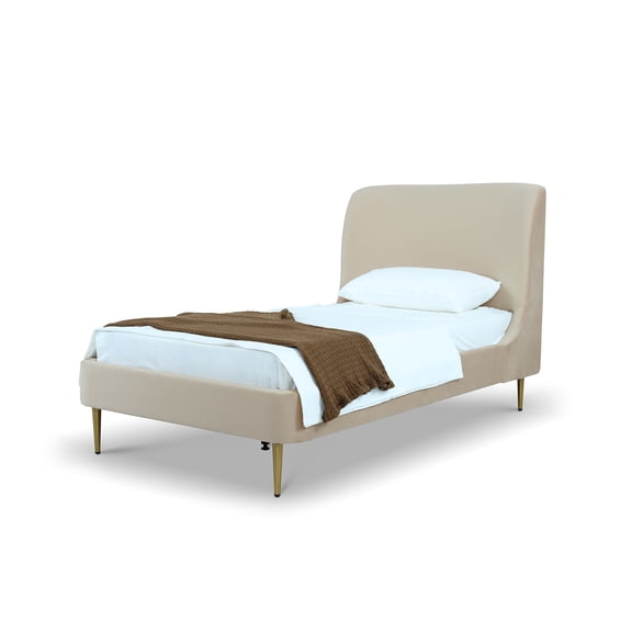 JERFIT Mid-Century Modern Velvet Upholstered Twin Bed Frame with Curved Headboard, No Box Spring Needed, Tan and Gold