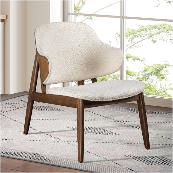 JERFIT Mid-Century Modern Wingback Accent Chair, Boucle Fabric Upholstered Armchair with Solid Wood Frame for Living Room, Bedroom, Beige