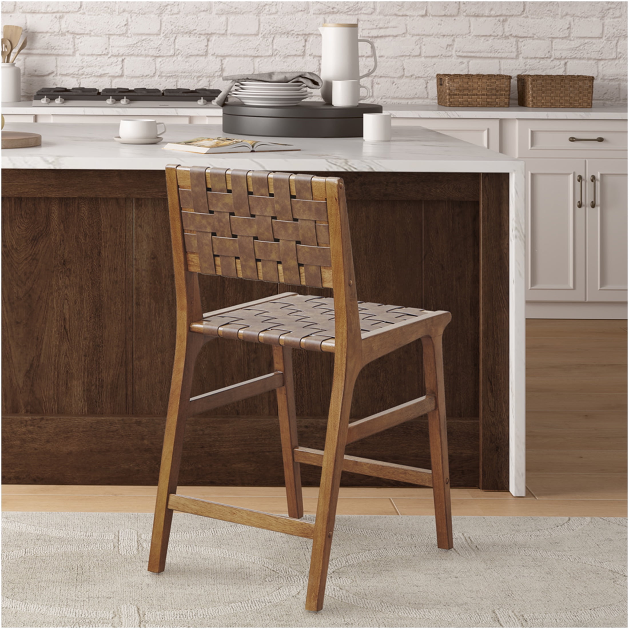 本革スツール～Woven leather stool～ SAFAVIEH Paxton Upholstered Woven Leather Barstool with Footrest
