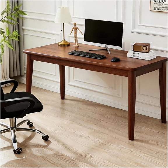 JERFIT Mid Century Modern Writing Desk, Solid Rubberwood Small Desk for Bedroom Office, Walnut Finish