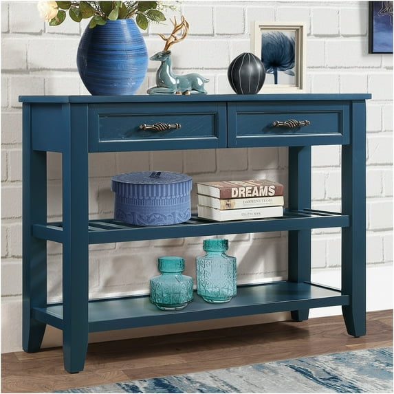 JERFIT Mid-Century Solid Wood Console Table with Drawers, Navy Blue Sideboard for Living Room, Entryway & Dining