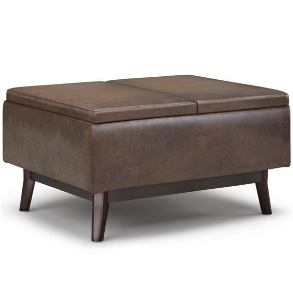 JERFIT Mid-Century Storage Ottoman Coffee Table with Flip-Top Trays, Faux Leather, Dark Brown