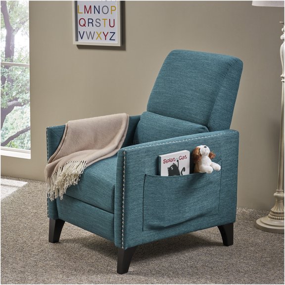 JERFIT Mid Century Teal Fabric Recliner Chair with Push Back Mechanism, Nailhead Trim and Side Pockets for Living Room, Bedroom