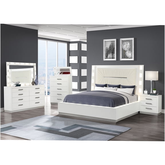 JERFIT Milky White Queen 5-Piece LED Modern Bedroom Set with Upholstered Bed, Dresser, Mirror, Nightstand & Chest, Wood Furniture