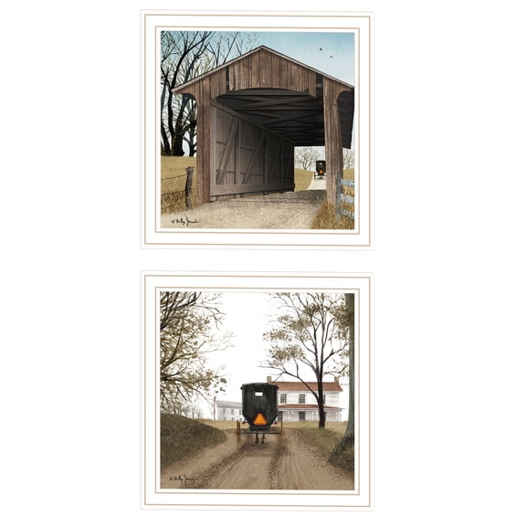 JERFIT Miller's Creek Bridge Framed Wall Art Set, 2-Piece White Wood Frame Multicolor Print for Living Room, Bedroom, Office Decor