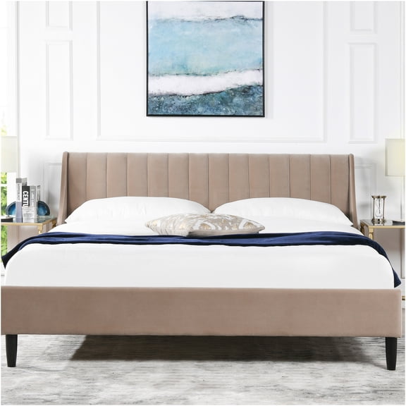 JERFIT Mink Velvet King Platform Bed with Channel Tufted Headboard, Sturdy Hardwood Frame No Box Spring Needed