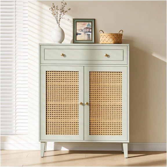 JERFIT Mint Green Shoe Cabinet with Drawer, Nordic Style Adjustable Shoe Rack Organizer with Rattan Doors for Entryway, Living Room, Bedroom