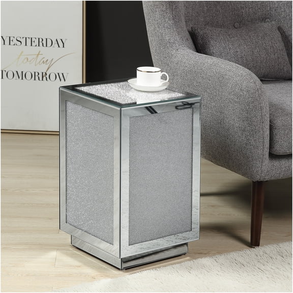 JERFIT Mirrored Accent Table with Faux Diamond Trim, Silver Side Table for Small Space, Glam End Table for Living Room, Bedroom, Entryway