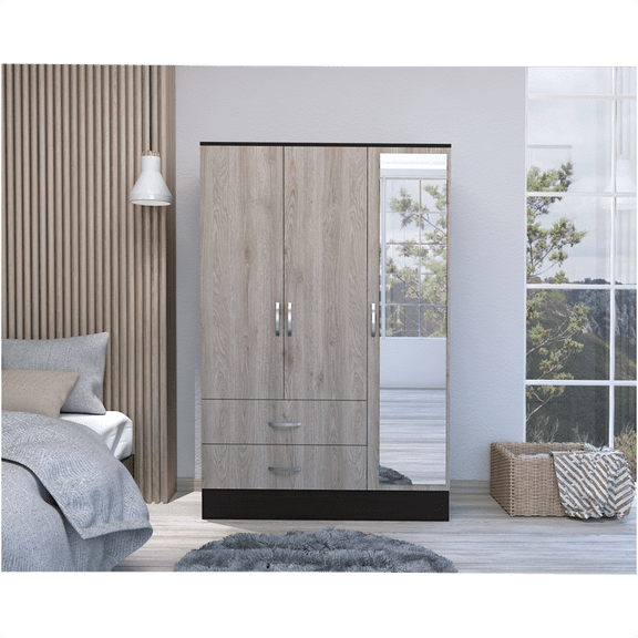 JERFIT Mirrored Armoire Wardrobe with Doors and Drawers, Full-Length Mirror, Freestanding Storage Cabinet for Bedroom