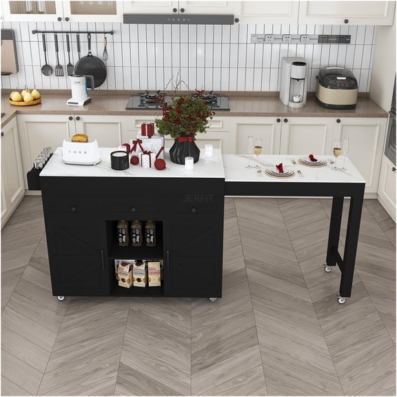 JERFIT Mobile Kitchen Island Cart with Extendable Table, Marble Top, Locking Wheels, 3 Drawers & Cabinet for Small Space Dining