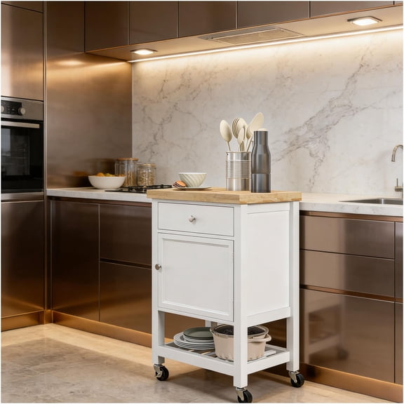 JERFIT Mobile Kitchen Island Cart with Wheels, Butcher Block Top, Storage Cabinet & Wine Rack, White & Oak Finish