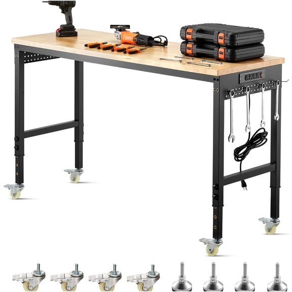 JERFIT Mobile Workbench with Power Strip & Pegboard, Adjustable Height Rolling Work Table for Garage, Workshop, Office