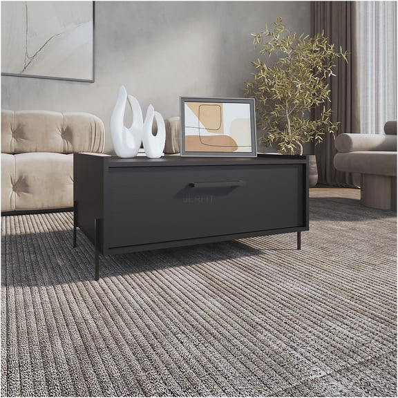 JERFIT Modern 15 inch High Coffee Table with Pull Down Cabinet, Open Shelf, Black Finish for Small Space Living Room