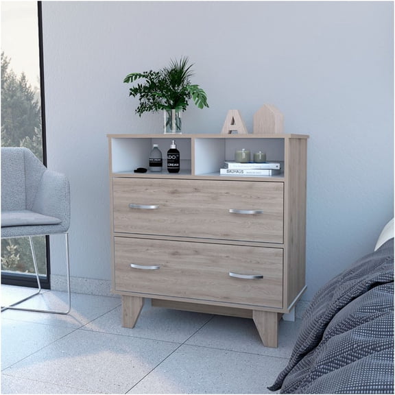JERFIT Modern 2-Drawer Dresser with 2 Open Shelves, Compact Storage Chest for Bedroom, Light Gray Finish