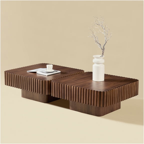 JERFIT Modern 2-Piece Drum Coffee Table Set, 31.5" Square Wooden Cocktail Table with MDF Base for Living Room, Walnut Finish
