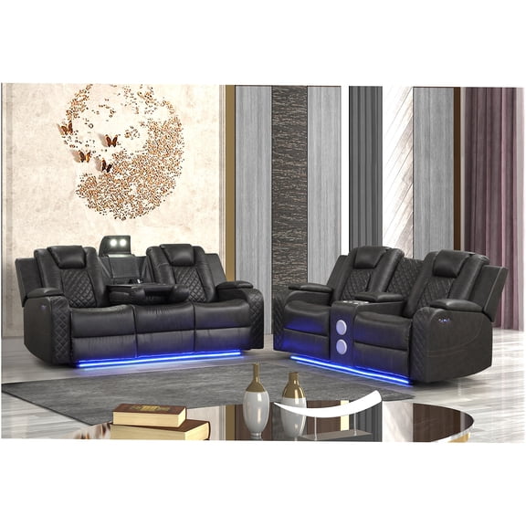 JERFIT Modern 2-Piece Power Recliner Set with LED Lights, Bluetooth Speaker, USB Charging, Cup Holders in Gray Faux Leather for Living Room