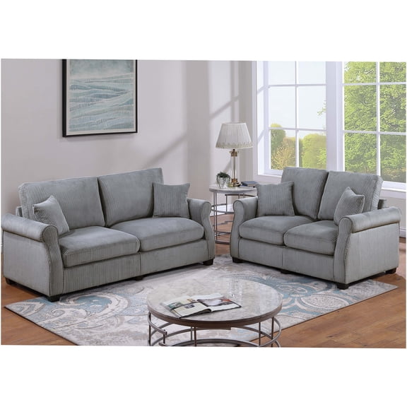 JERFIT Modern 2-Piece Sofa and Loveseat Set with Pillows, Plush Corduroy Upholstery, Fog Color Couch for Living Room, Low Profile Wood Legs