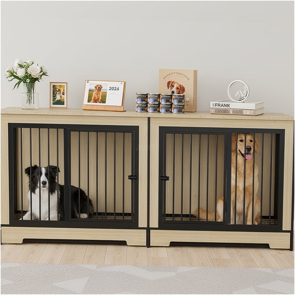 JERFIT Modern 2-Room Dog Crate Furniture for Large Dogs, Double Pet Kennel with Removable Tray, Wooden End Table Design in Black and Natural