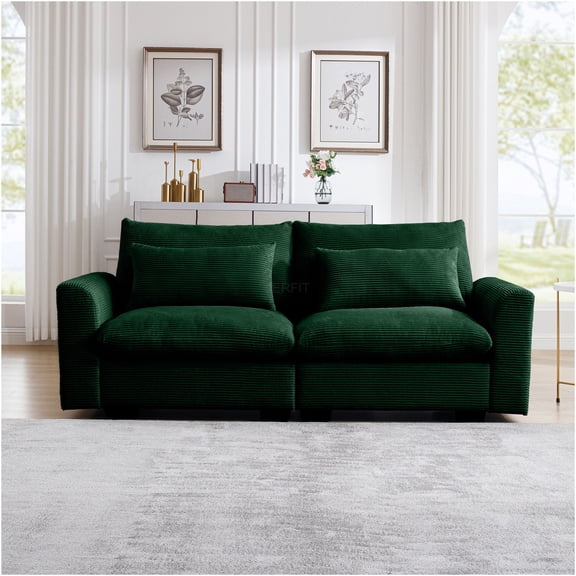 JERFIT Modern 2-Seater Corduroy Sofa with Pillows, Convertible Sectional Couch for Small Space, Emerald Green