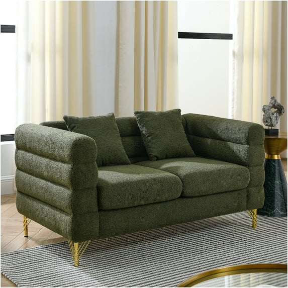 JERFIT Modern 2-Seater Sectional Sofa with Lumbar Pillows, Plush Teddy Fabric Upholstery, Deep Seating Couch for Living Room, Office, Green