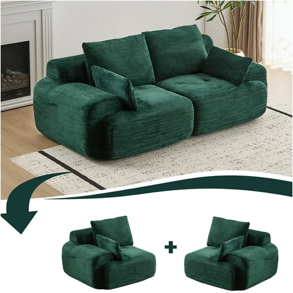 JERFIT Modern 2-Seater Sectional Sofa with Memory Foam, Corduroy Fabric, No Assembly Required, Deep Seat Loveseat for Living Room, Apartment, Green