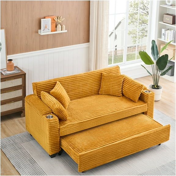 JERFIT Modern 2-Seater Sofa with LED Lights, USB Charging, Storage Pocket & Wood Legs for Living Room, Bedroom, Beige