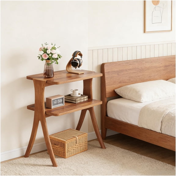 JERFIT Modern 2-Tier End Table with Herringbone Legs, Walnut Finish Sofa Side Table for Living Room, Entryway, Bedroom