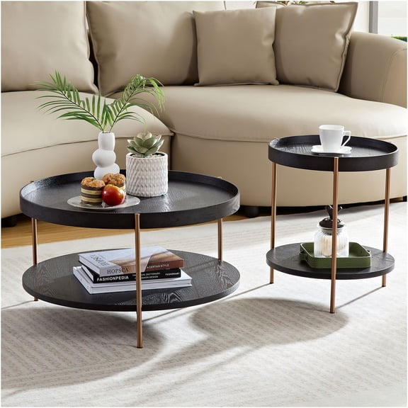 JERFIT Modern 2-Tier Round Nesting Coffee Table Set, 2-Piece Matte Black MDF & Metal Side Tables for Living Room, Bedroom, Office