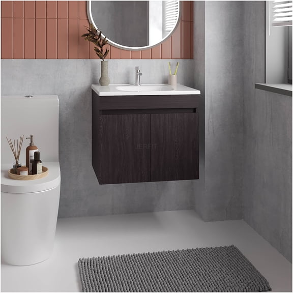 JERFIT Modern 24 inch Floating Bathroom Vanity with Sink, Black Wall Mount Double Door Storage Cabinet