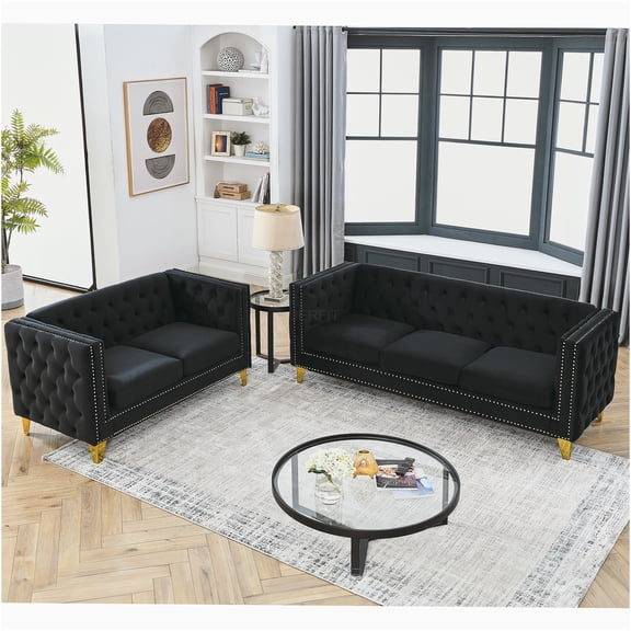 JERFIT Modern 3+2 Seater Velvet Sofa Set, Black Upholstered Sectional Couch for Living Room