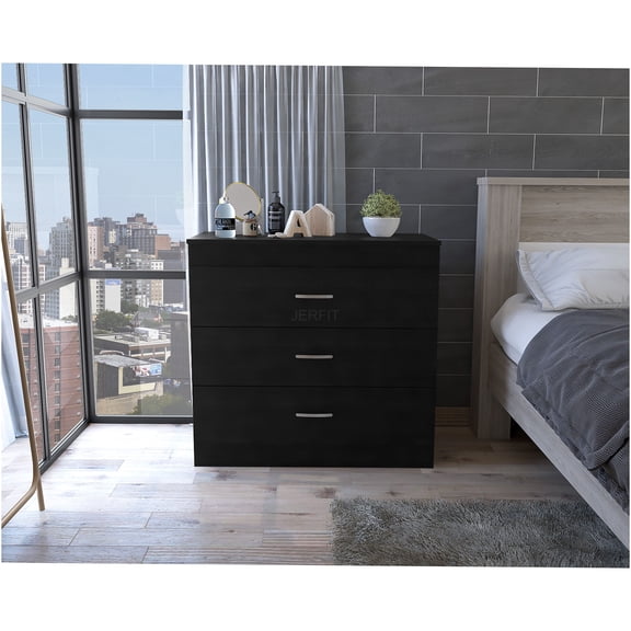 JERFIT 3-Drawer Dresser with Metal Handles, Modern Bedroom Storage Chest, Black Particle Board Cabinet