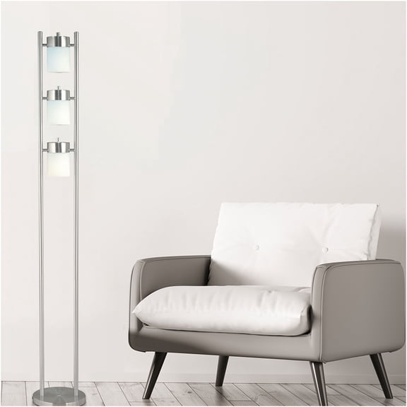 JERFIT Modern 3-Head Adjustable Floor Lamp with Frosted White Shade, Dual Pole Design for Reading & Ambient Lighting, UL Listed