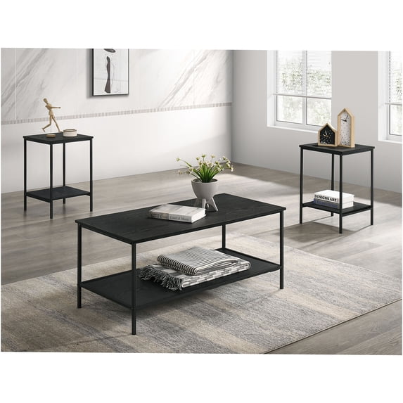 JERFIT Modern 3-Piece Coffee Table Set with End Tables, Black Industrial Farmhouse Accent Tables with 2-Tier Storage for Living Room