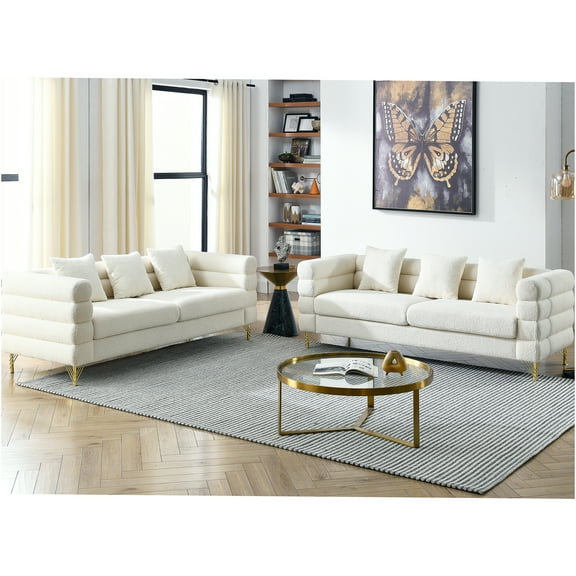 JERFIT Modern 3-Piece Ivory Teddy Fabric Sofa Set with Gold Metal Legs for Living Room