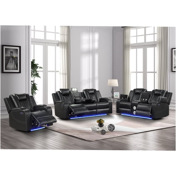 JERFIT Modern 3-Piece Power Recliner Set with LED Lights, Bluetooth Speaker, and Cup Holders, Faux Leather Sofa Loveseat Chair for Living Room, Black
