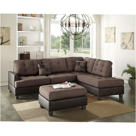JERFIT Modern 3-Piece Reversible Sectional Sofa Set with Chaise and Ottoman, Chocolate Fabric, for Living Room