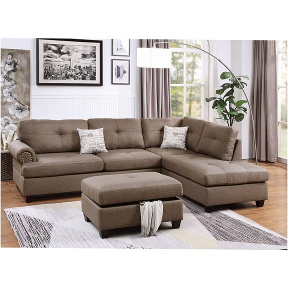 JERFIT Modern 3-Piece Reversible Sectional Sofa Set with Storage Ottoman, Mocha Dorris Fabric Upholstery, Plush Cushions, Nailhead Trim