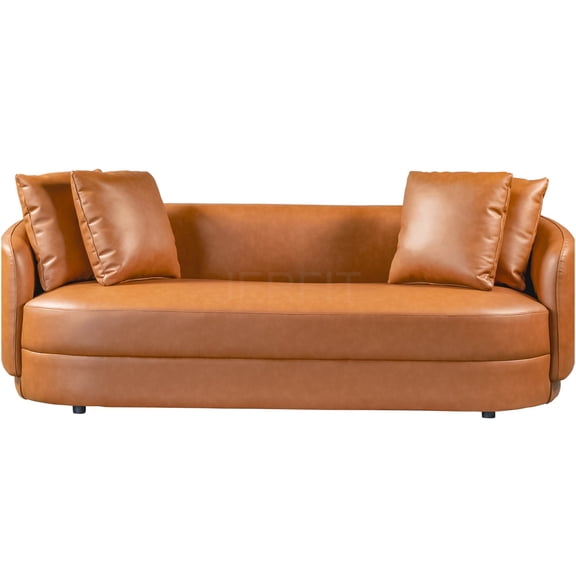 JERFIT Modern 3-Seat Cognac Leather Sofa with Pocket Springs and Soft Cushions